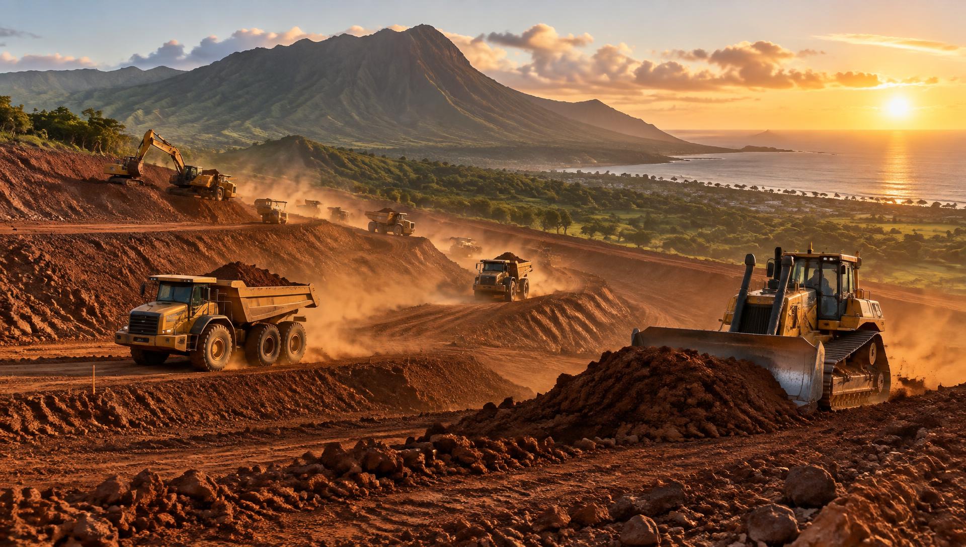 Haul trucks and a bulldozer cutting graded terraces into a Hawaiian hillside at sunset
