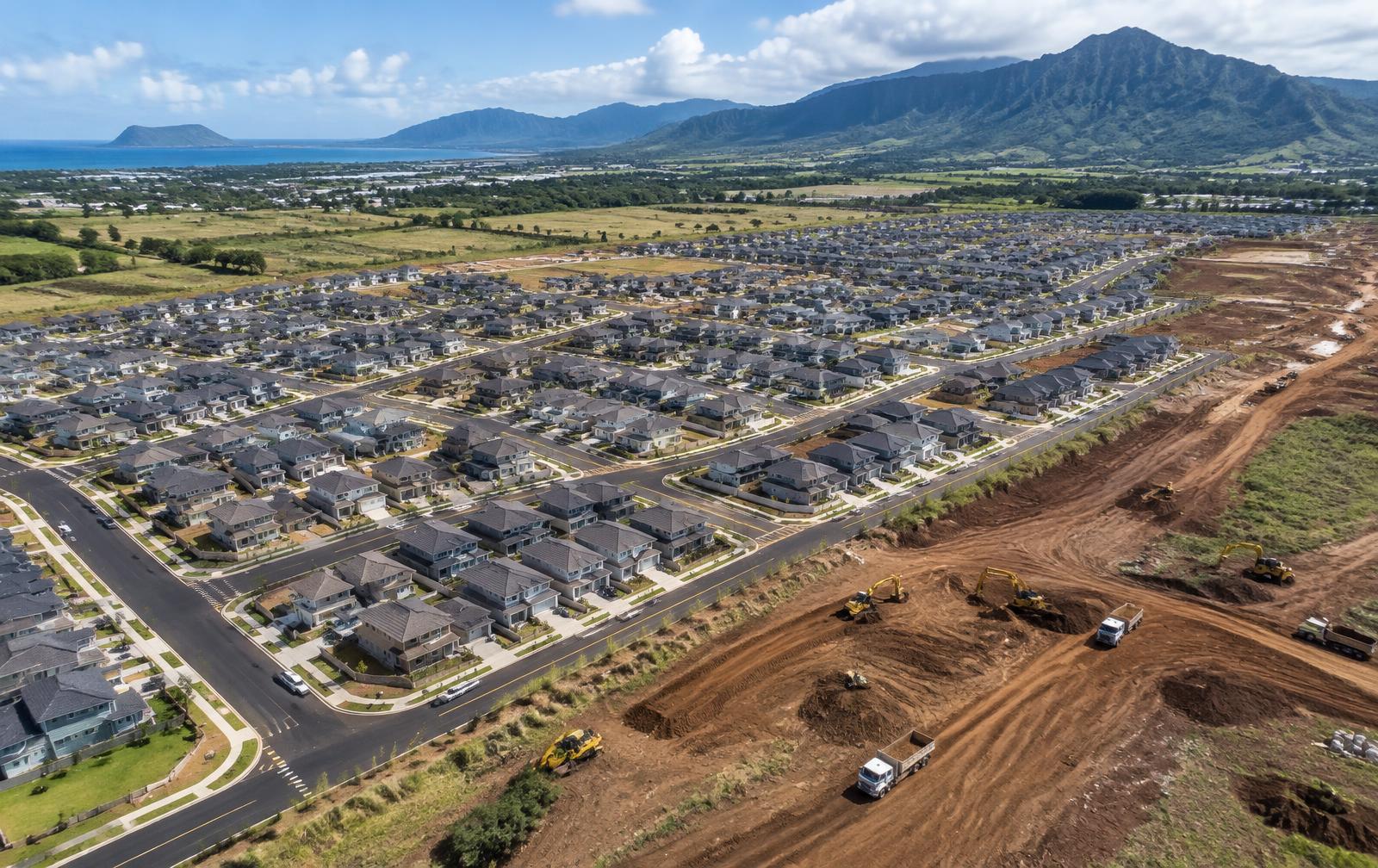 Aerial view of a large Oʻahu housing development with completed blocks and active grading at the edge