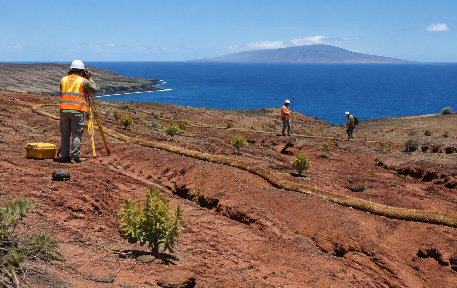 Survey crew working on eroded red hardpan terrain on Kahoʻolawe with the ocean and a distant island behind