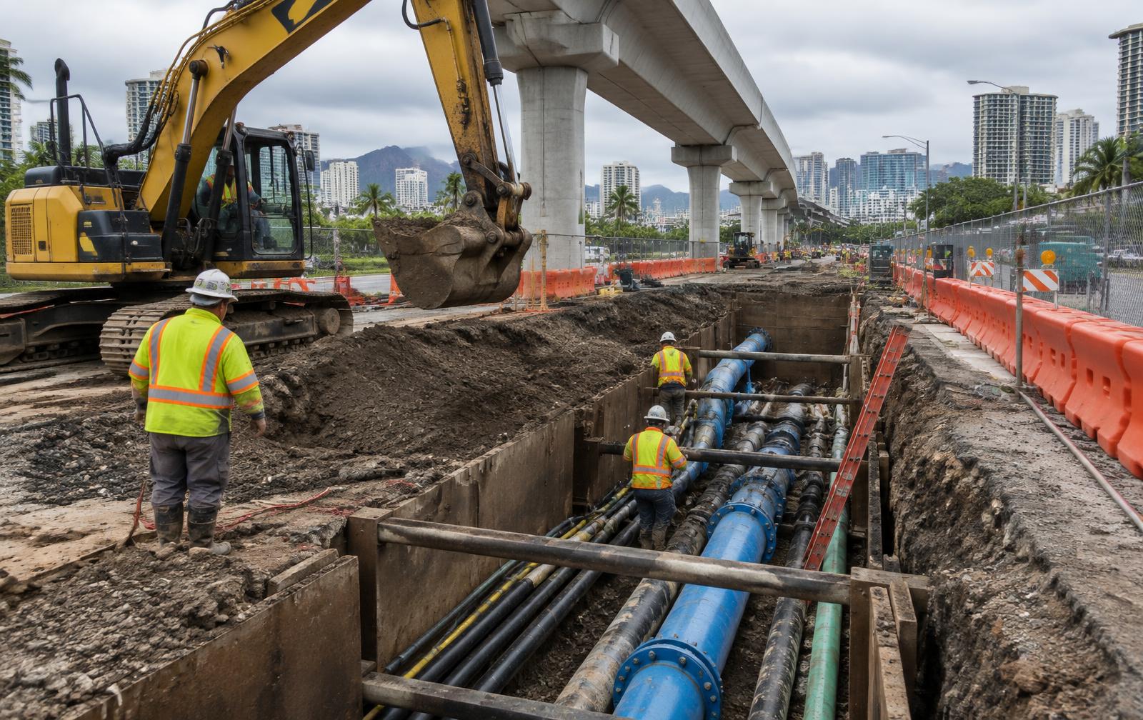 Open utility trench with exposed pipes beneath an elevated concrete rail guideway in Honolulu